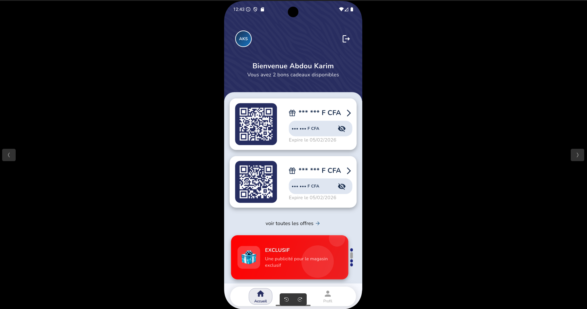 Écran mobile d’accueil de l’application de bons d’achat